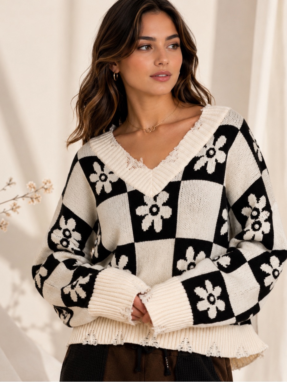 Pol Daisy Checkerboard Distressed Knit Sweater Black Cream